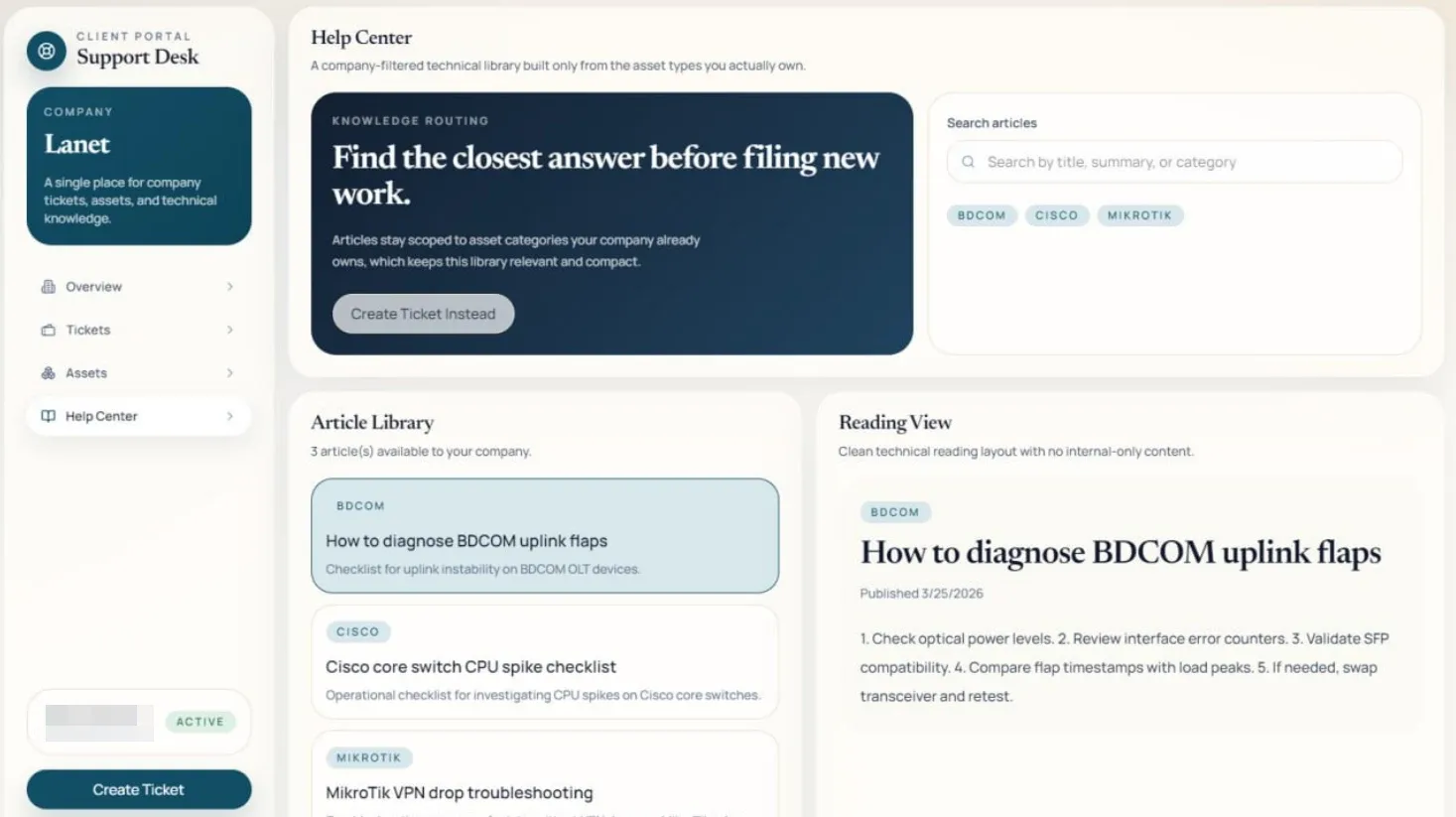 Client support app showing assets, help articles, and a reading view.