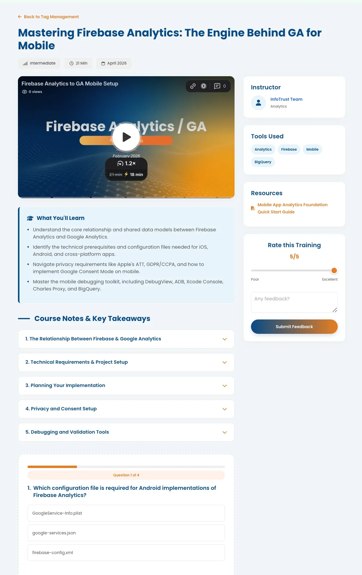 Learning app with a training video, course notes, resources, and a quiz.